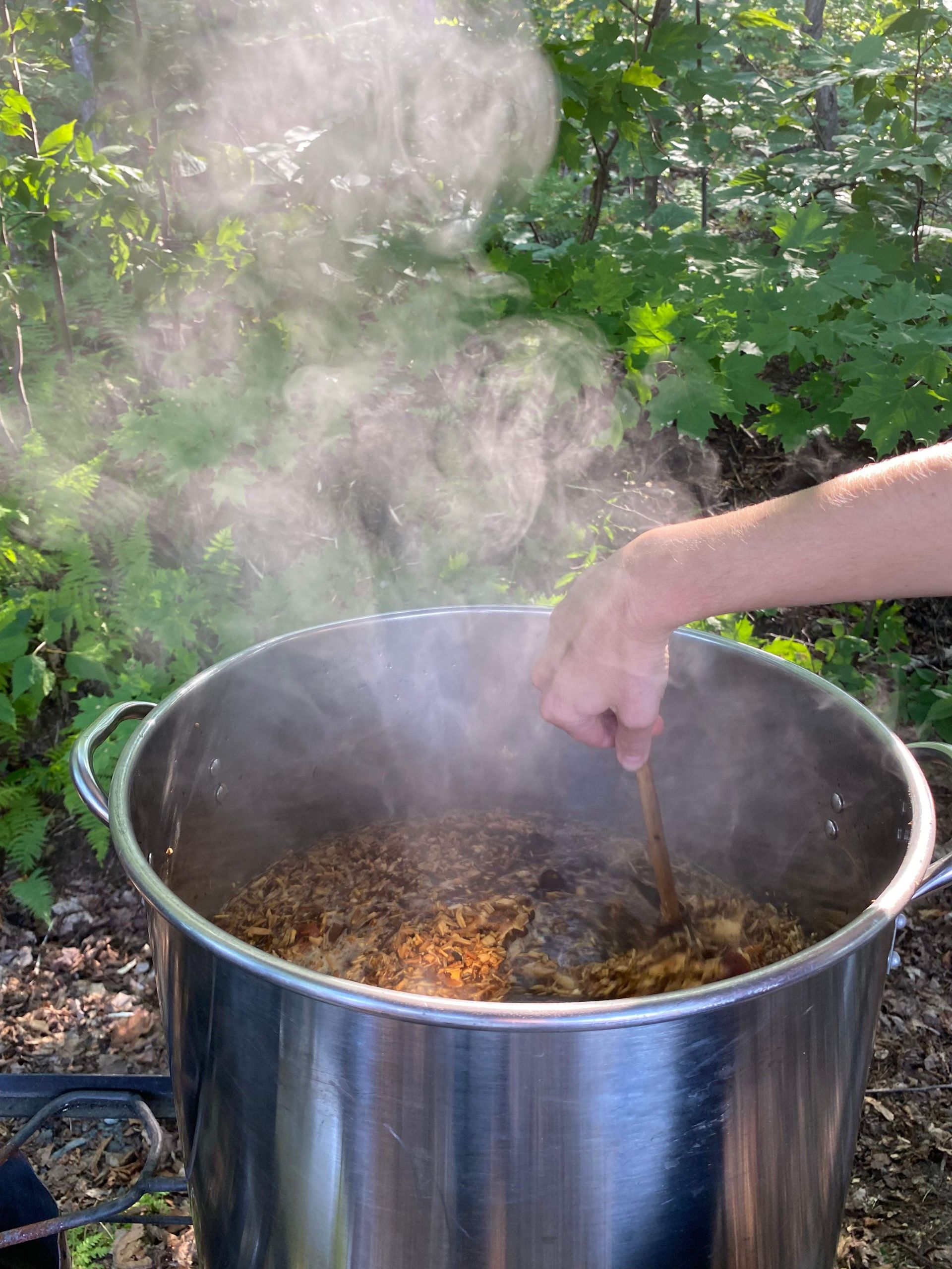 Main brassant une décoction qui mijote dans un gros chaudron, dans la forêt
