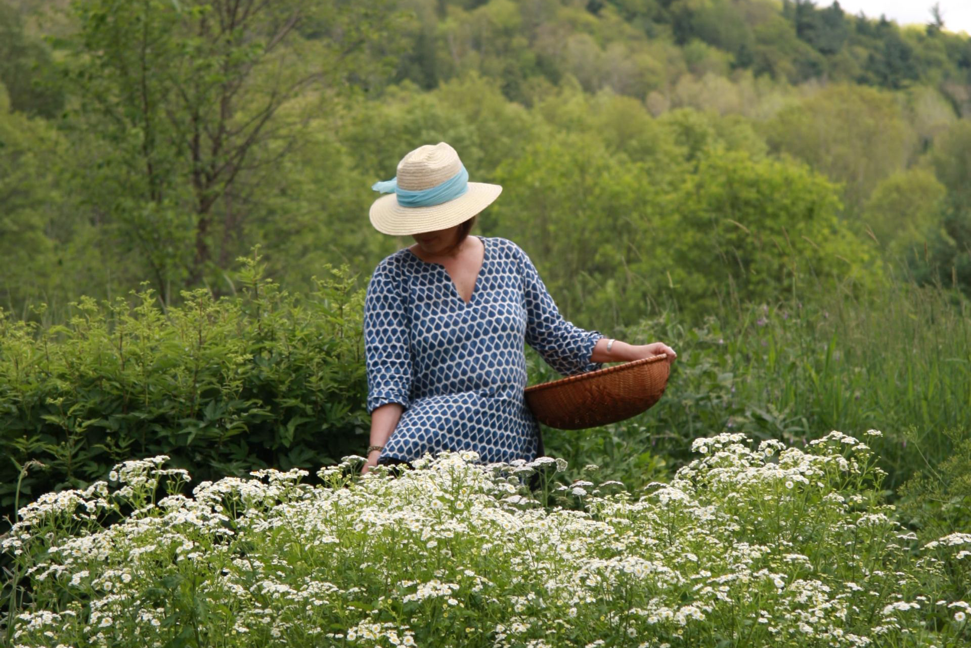 Femme avec panier dans champ fleuri