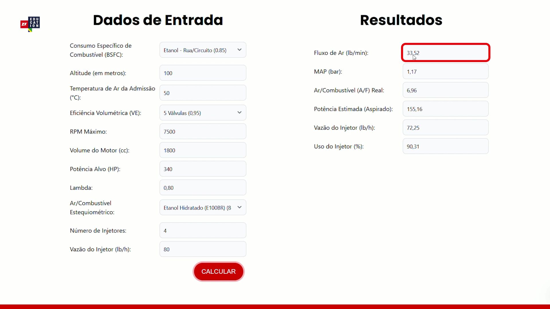 Calculadora de injetor preenchida, 90,31% de uso